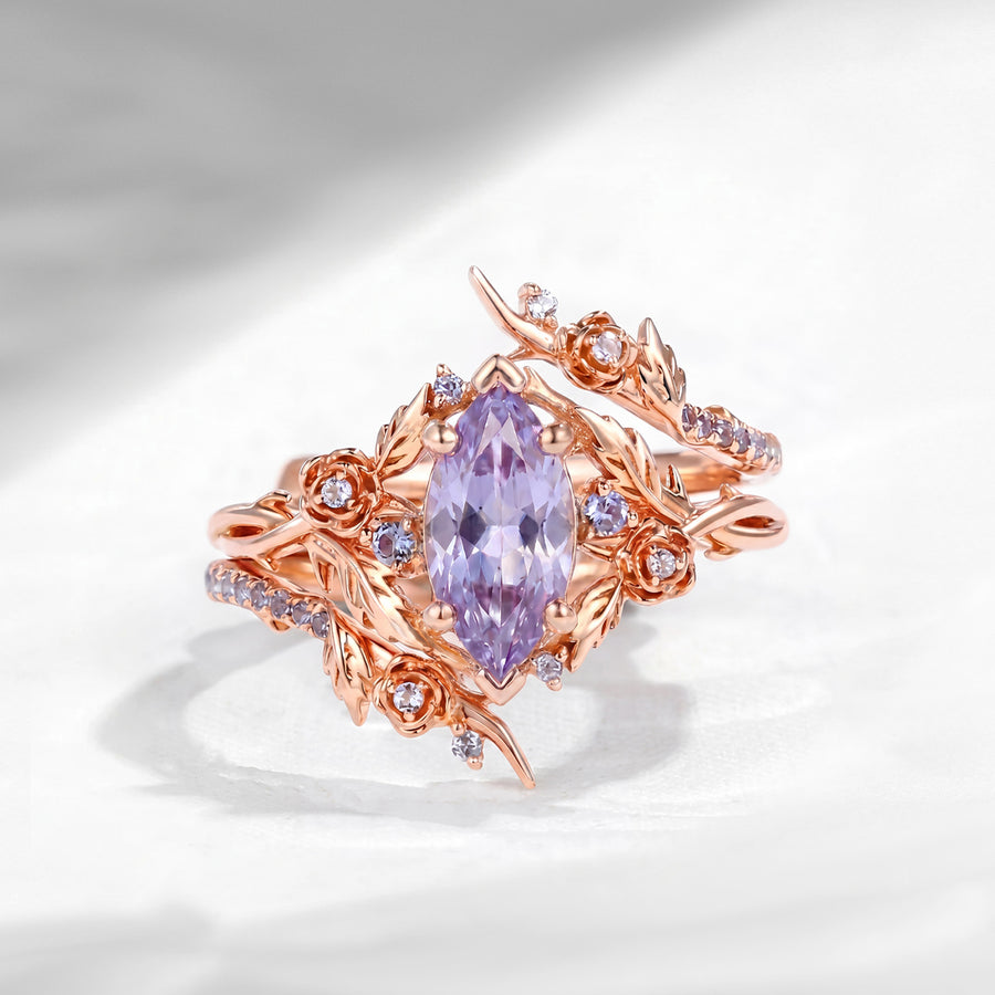 Marquise lab lavender sapphire twisted vine gothic engagement ring set