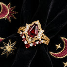Crescent Moon - Vintage Filigree Coffin Cut Red Garnet Engagement Ring Set with Milgrain Band