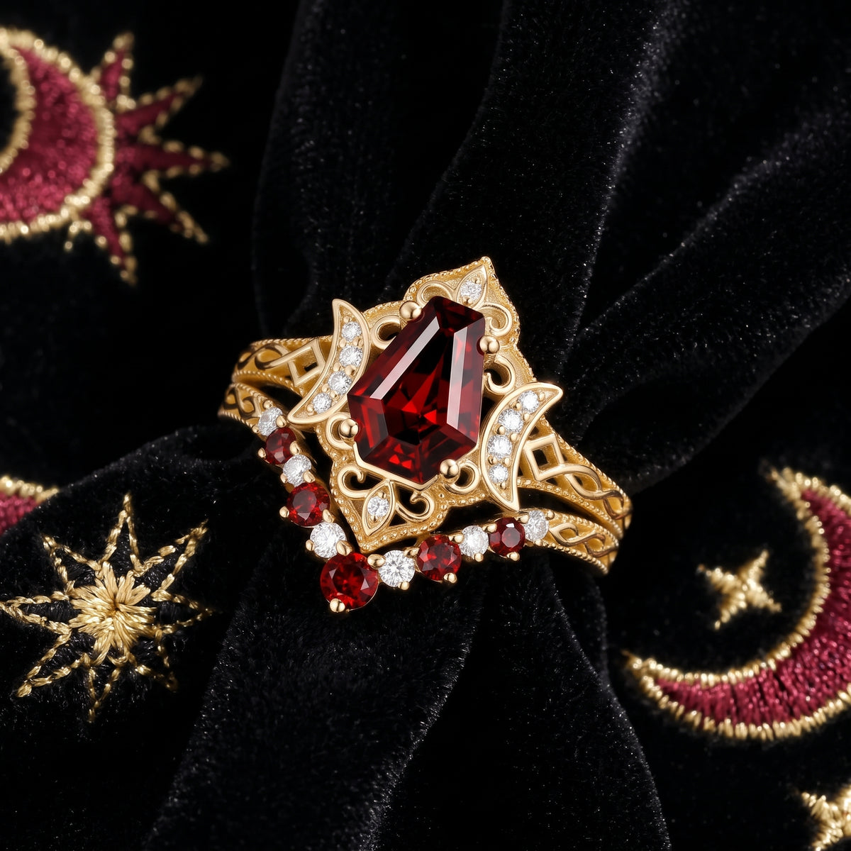 Crescent Moon - Vintage Filigree Coffin Cut Red Garnet Engagement Ring Set with Milgrain Band