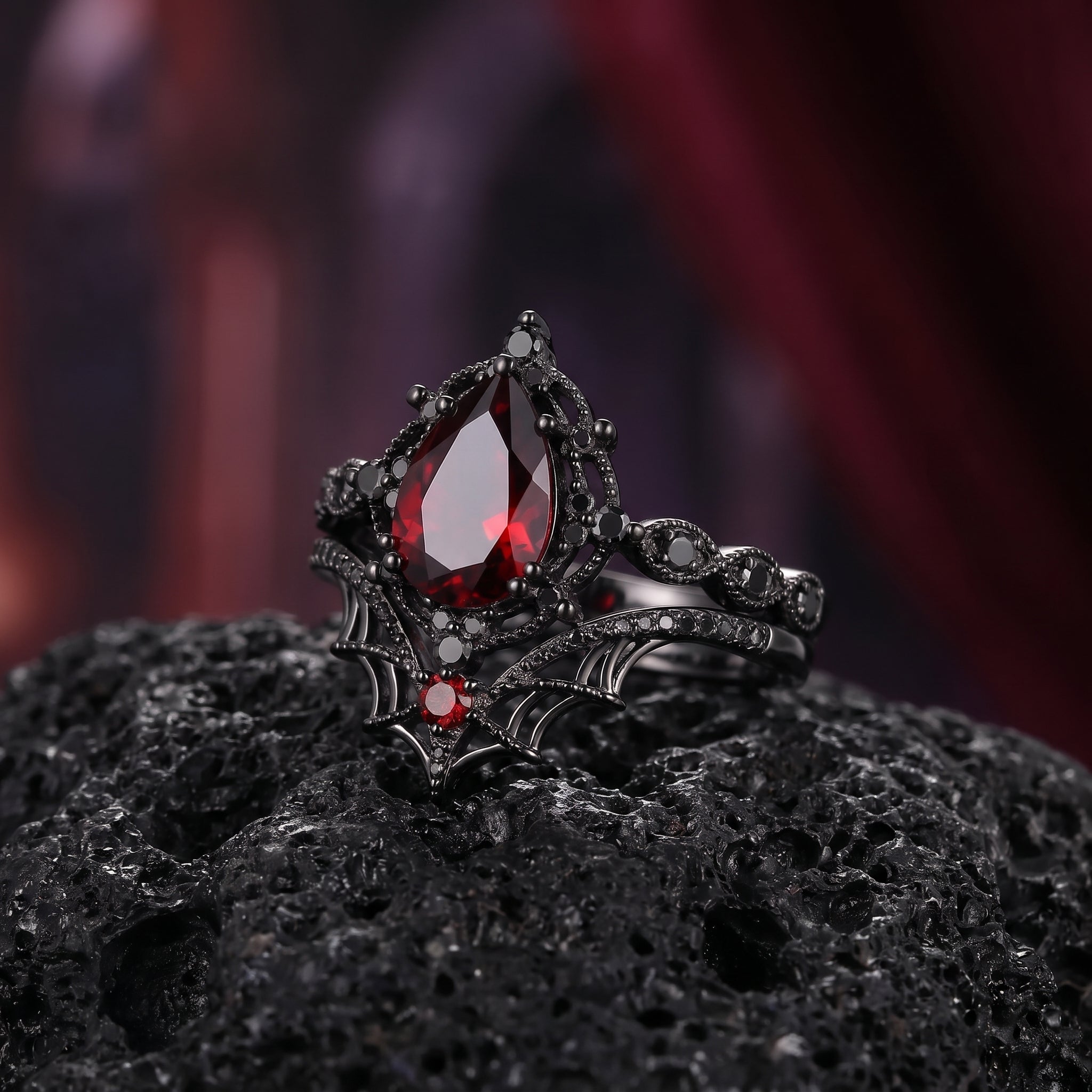 Spider Ring 'Web of Love' – Gothic Pear Cut Garnet Engagement Ring Set with Spider Web Inspired Milgrain Band