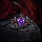 Bat Ring - Gothic Heart Cut Purple Moissanite Engagement Ring with Bat Wing-inspired Band