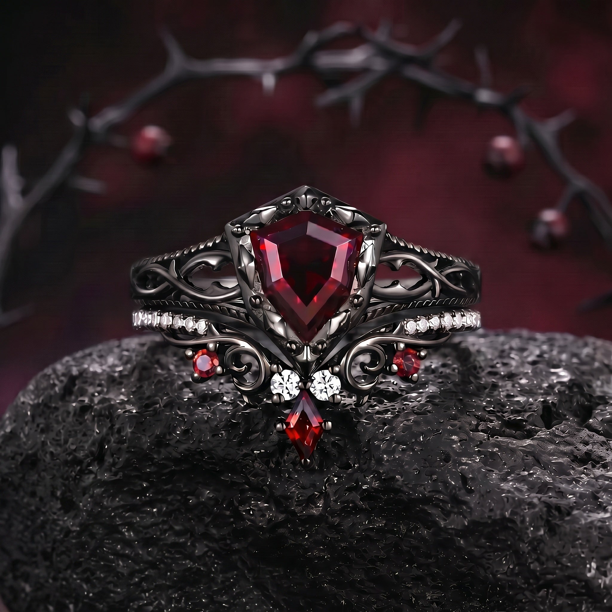 Shield Cut 'Fallen Aegis' Gothic Inspired Filigree Gold Engagement Ring Set 2pcs