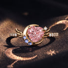 'Moonlit Embrace' - Firework Cut Heart Lab Pink Sapphire Crescent Moon Engagement Ring with Angle Wing