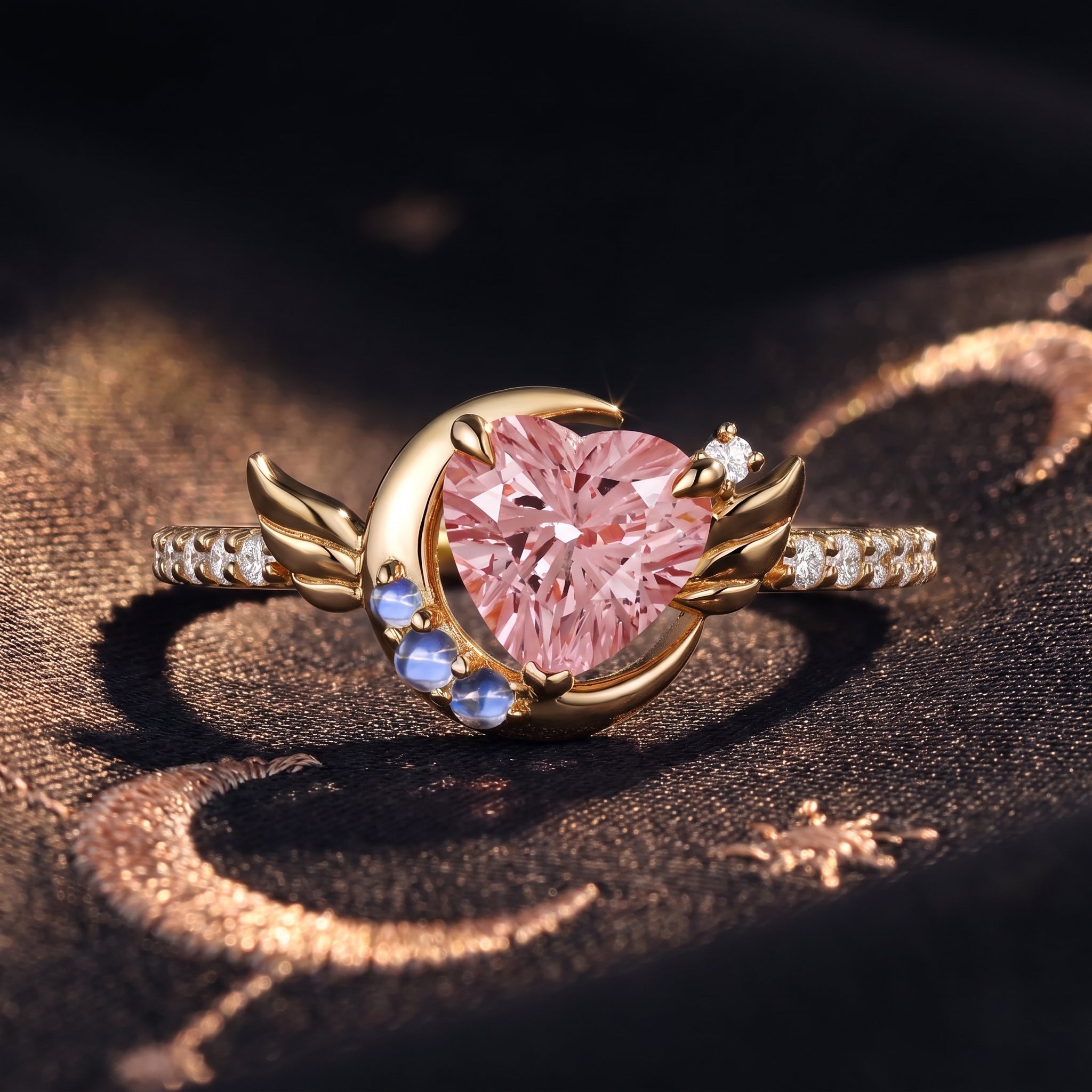'Moonlit Embrace' - Firework Cut Heart Lab Pink Sapphire Crescent Moon Engagement Ring with Angle Wing
