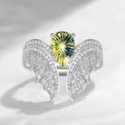 Pear Cut Fantasy Carved Natural Multi-Colored Sapphire White Gold Bridal Set 2pcs - Bat Ring