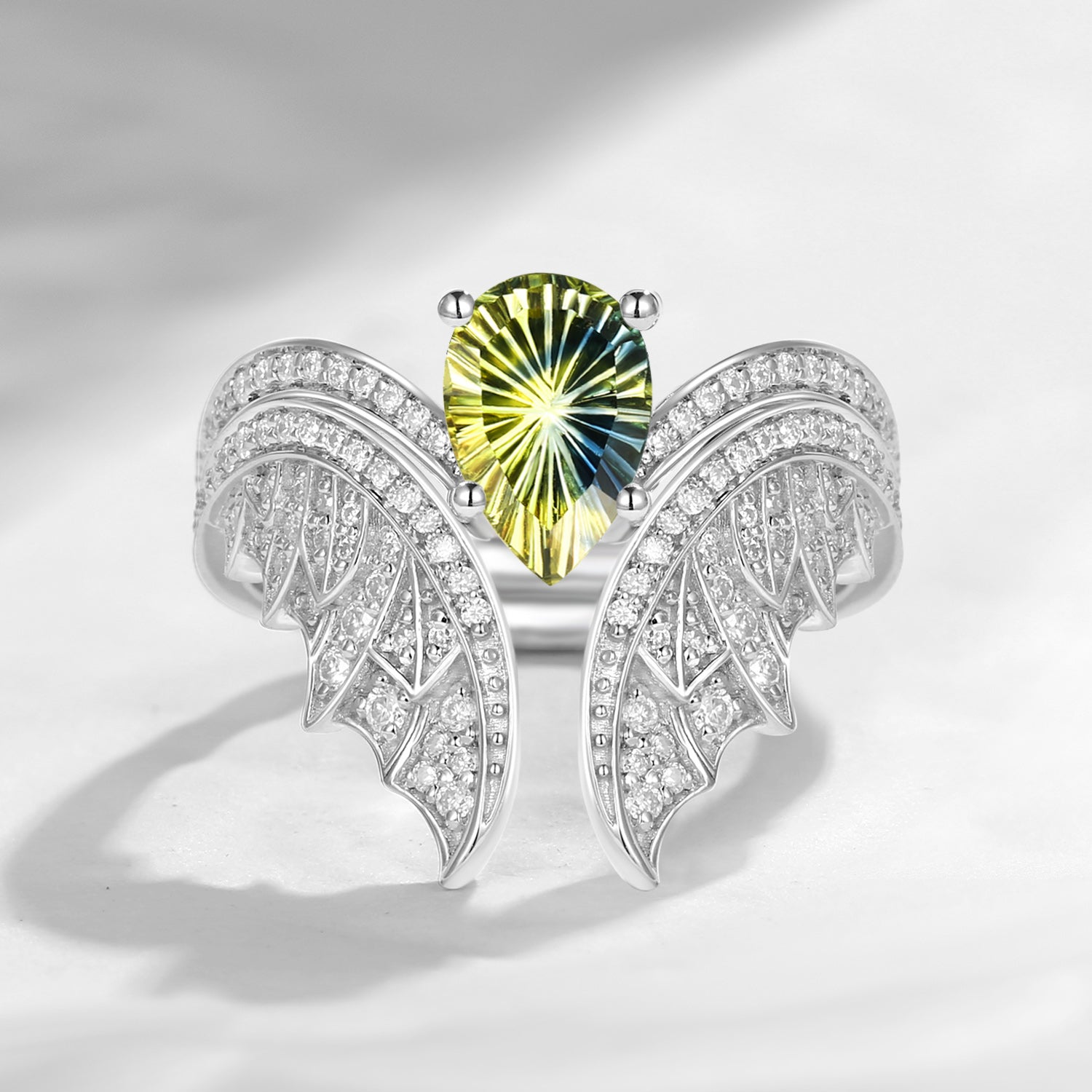 Pear Cut Fantasy Carved Natural Multi-Colored Sapphire White Gold Bridal Set 2pcs - Bat Ring