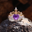 Heart & Sword - Gothic Heart Cut Purple Amethyst Two-Tone Engagement Ring Set with Wing-Inspired Band