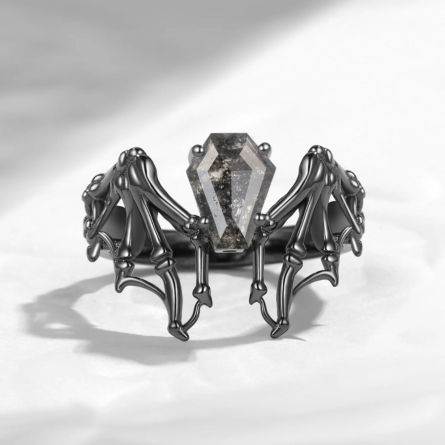 Vintage inspired salt and pepper diamond coffin cut black gold ring