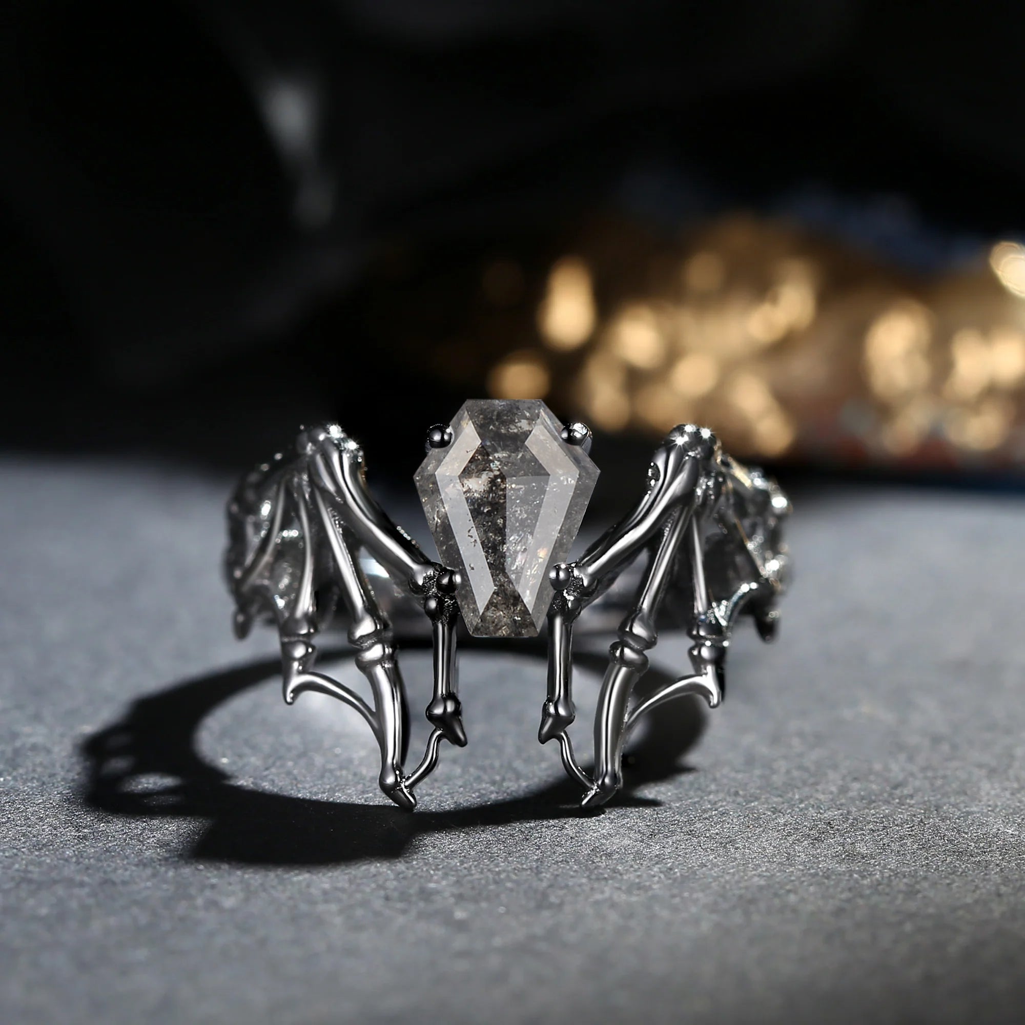 Salt And Pepper Diamond Coffin Cut Vintage Inspired Black Gold Engagement Ring - Bat Ring