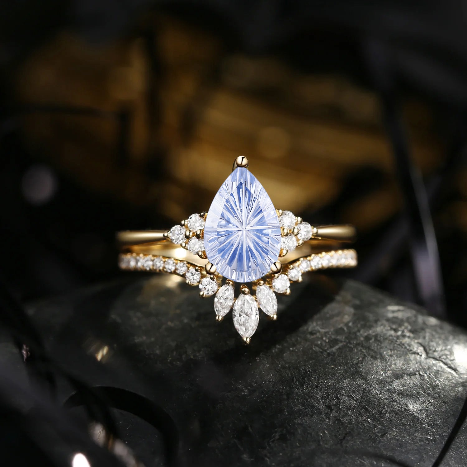 Fantasy Cut Pear Shaped Classic Cluster Lab Cornflower Sapphire Engagement Ring Set