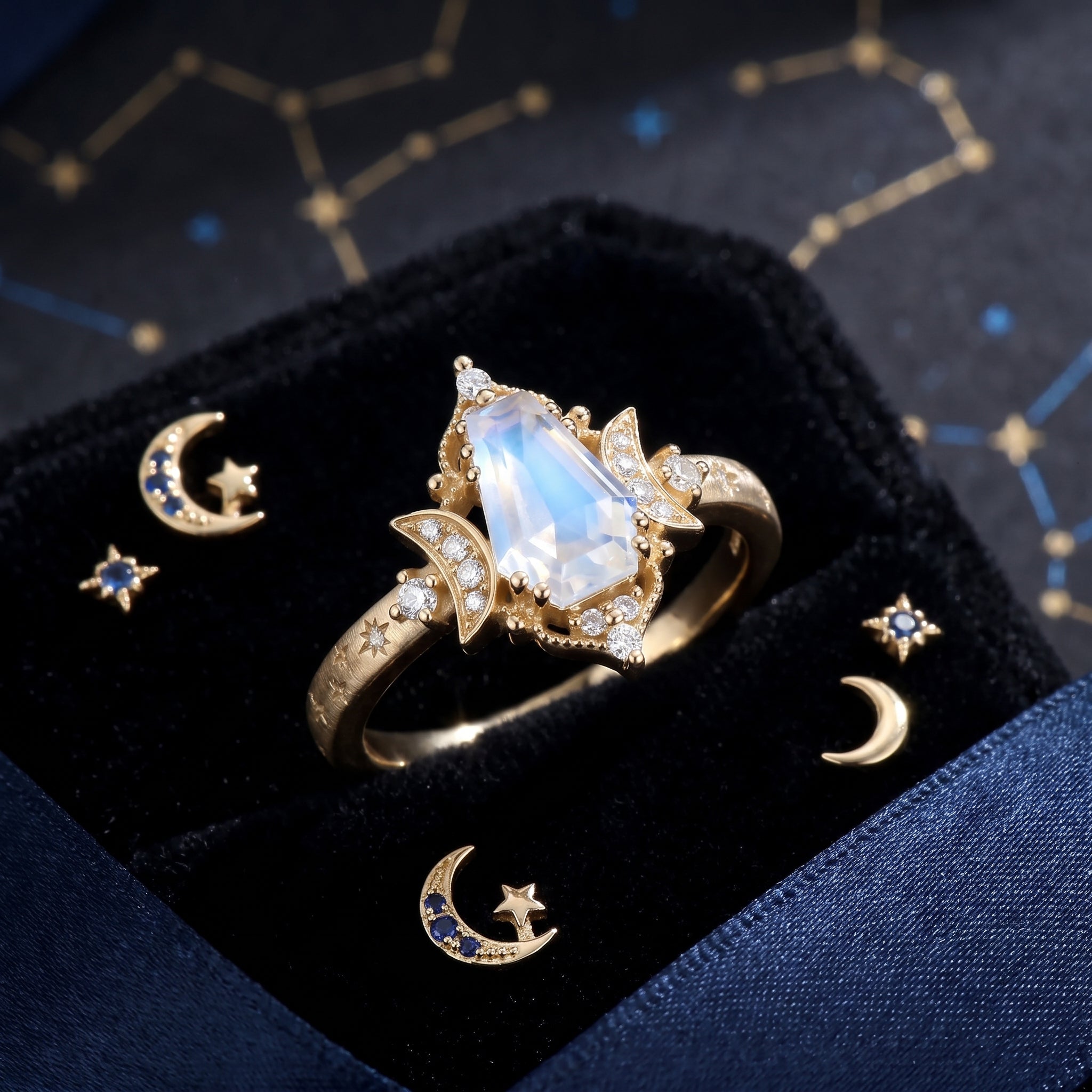 'Till Death Do Us Part' – Star Engraved Coffin Natural Moonstone Crescent Moon Engagement Ring with Textured Band