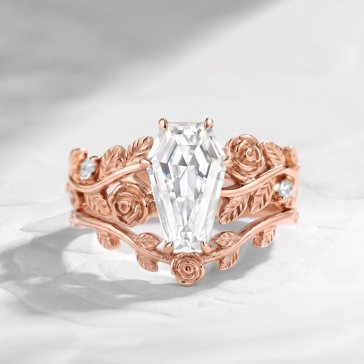 'A Rose Is A Rose Is A Rose' - Nature Inspired Coffin Colorless Moissanite Romantic Rose Flower Engagement Ring Set with Flower Band