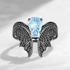 Fantasy Carved Coffin Natural Aquamarine Black Gold Engagement Ring - Bat Ring