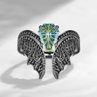 Fantasy Carved Coffin Natural Multi-Colored Sapphire Black Gold Engagement Ring - Bat Ring