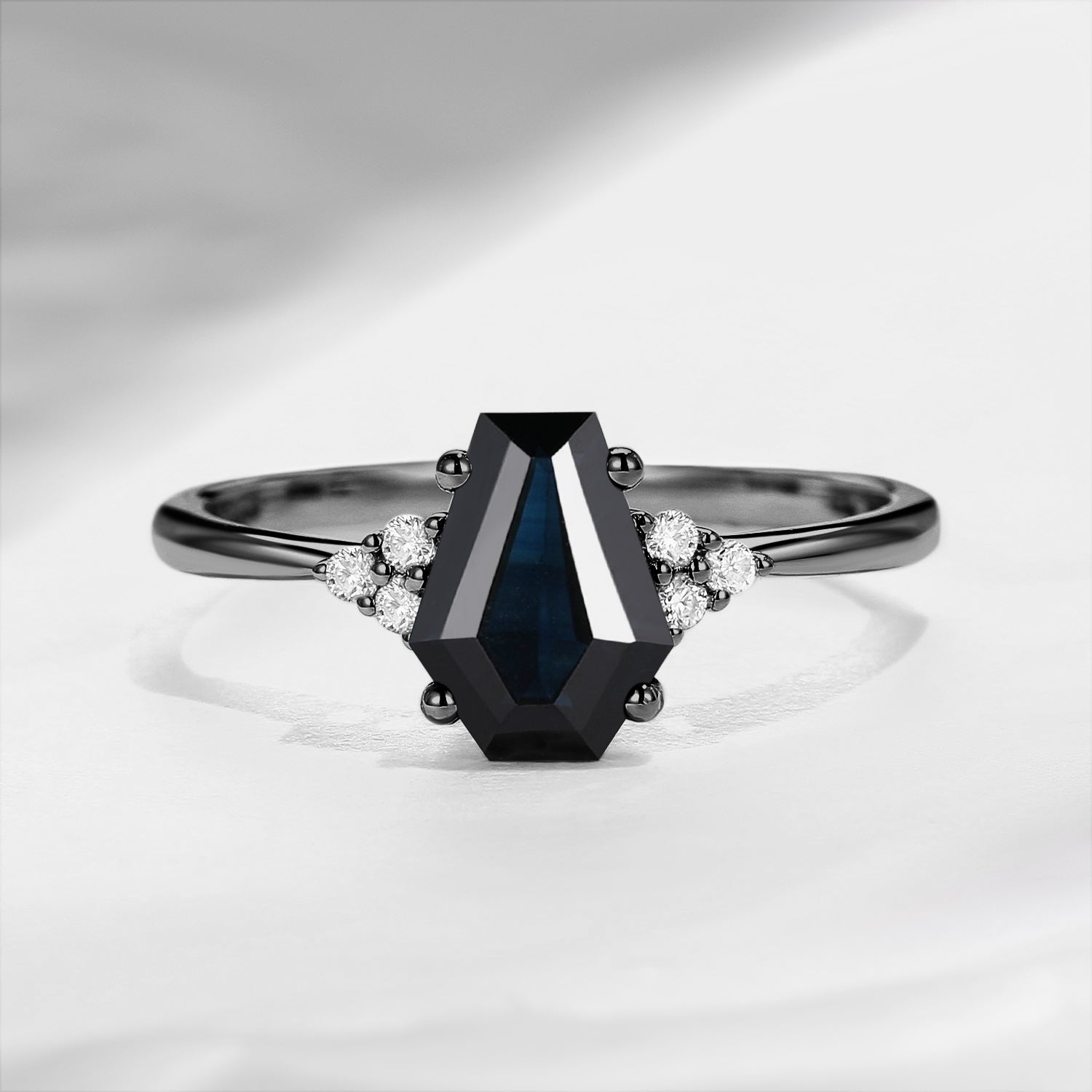 Classic Coffin Shaped Natural Black Sapphire Engagement Ring