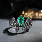 Lab Emerald Coffin Cut Vintage Inspired Black Gold Engagement Ring - Bat Ring