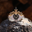 Heart & Sword - Gothic Heart Cut Black Rutilated Quartz Two-Tone Engagement Ring Set with Wing-Inspired Band