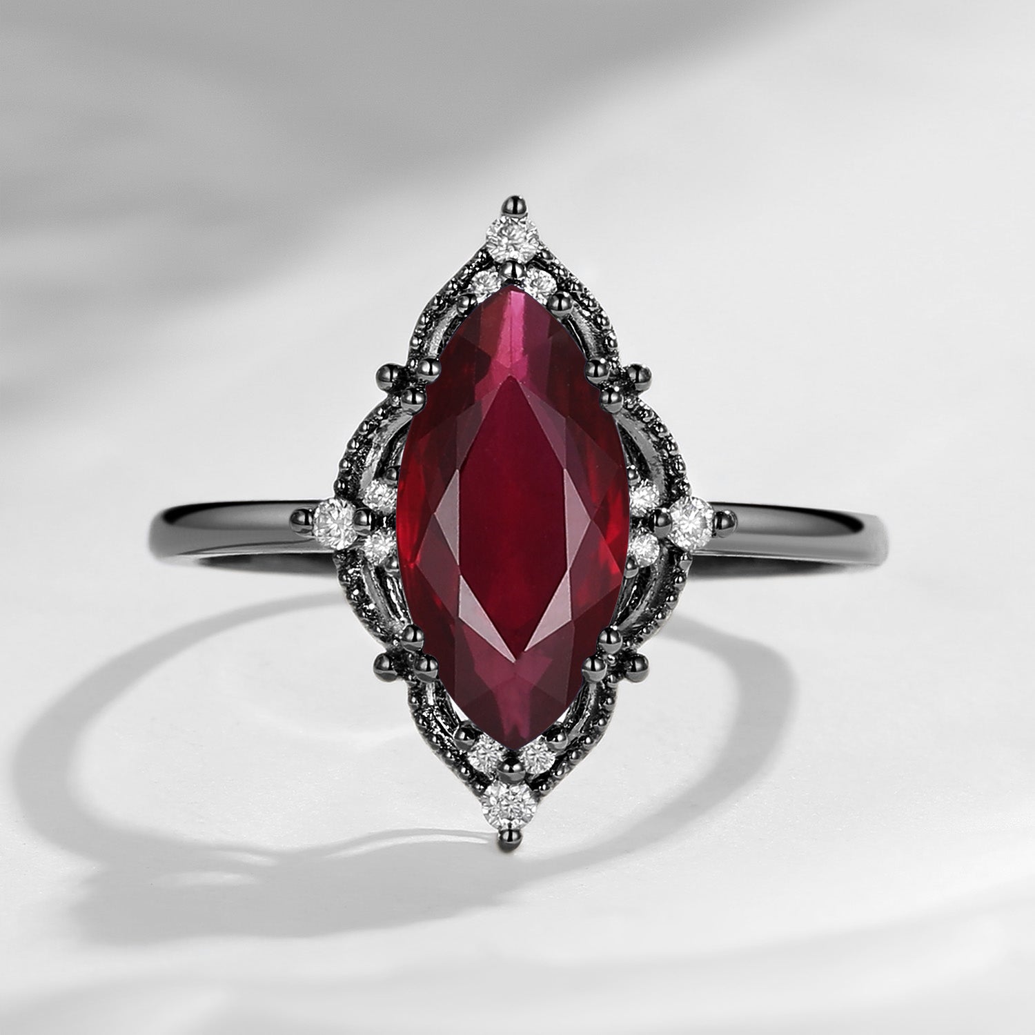 Unique Vintage Inspired Marquise Natural Ruby Engagement Ring