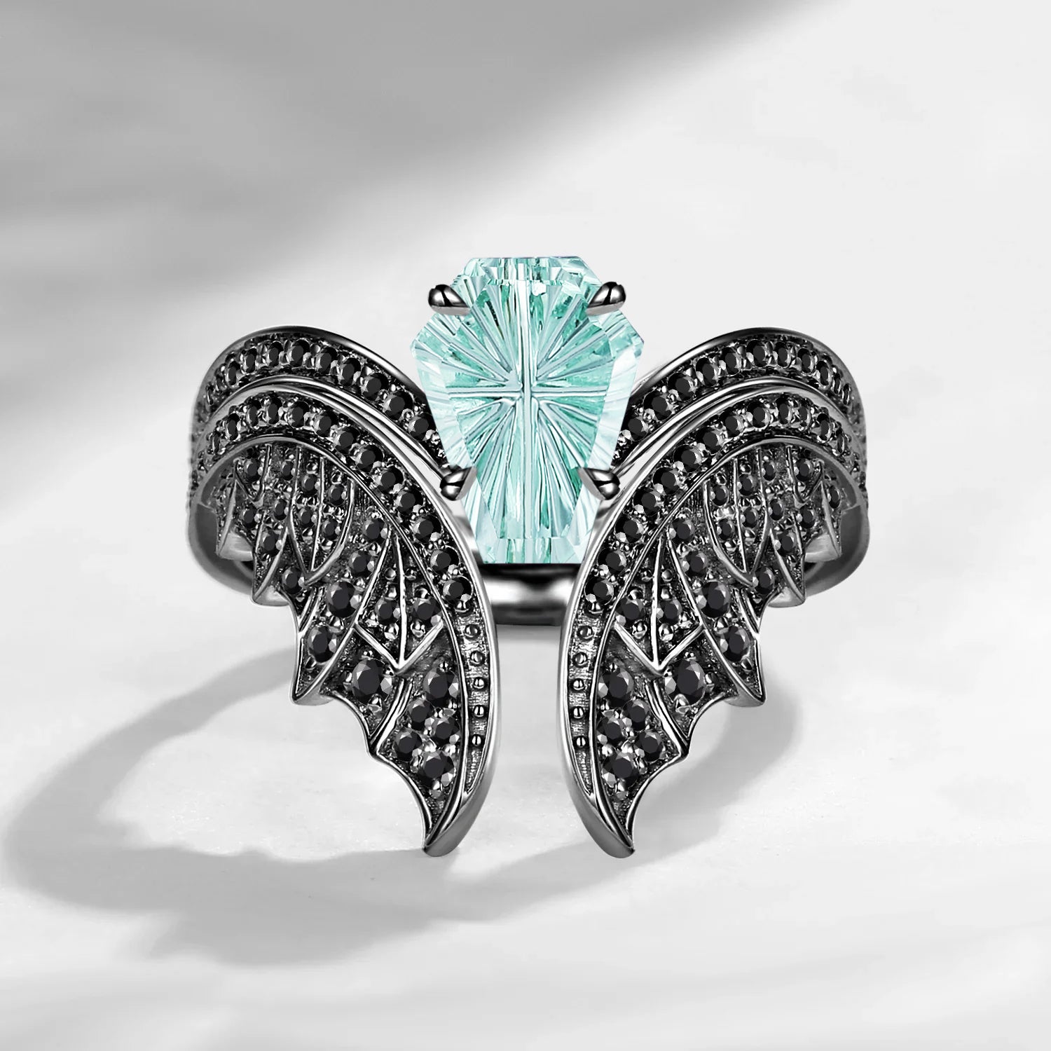 Gothic Safari Bat Ring – Fantasy Carved Coffin Lab Mint Sapphire Vintage Bridal Set in Black Gold