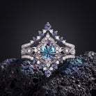 'Elara' - Vintage Firework Cut Pear Lab Alexandrite Engagement Ring Set with Milgrain Detailing