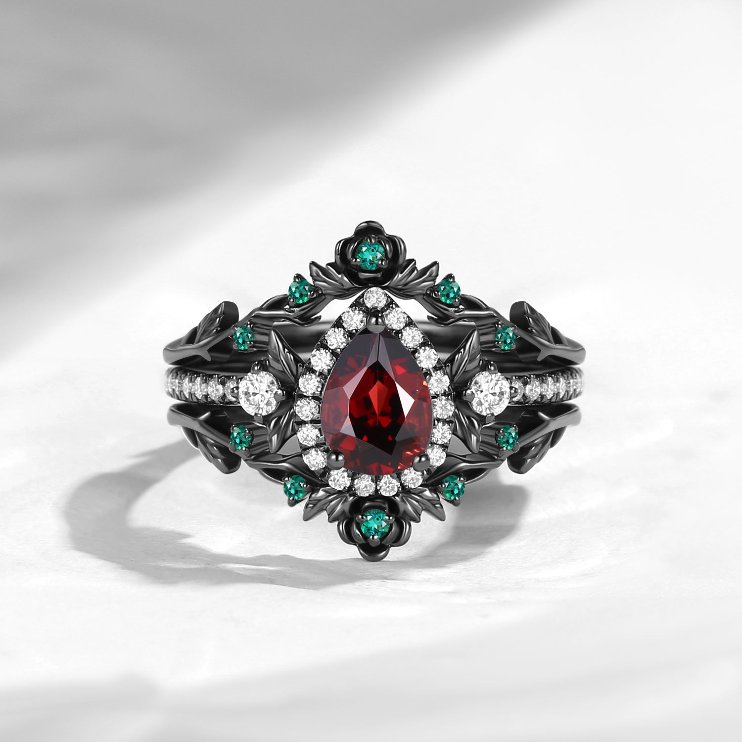 Nature Inspired Unique Pear Garnet 'Thorns & Roses' Halo Engagement Ring Set 3pcs