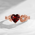'Toi et Moi' - Nature Inspired Heart Cut Garnet Romantic Rose Flower Engagement Ring with Twisted Vine Band