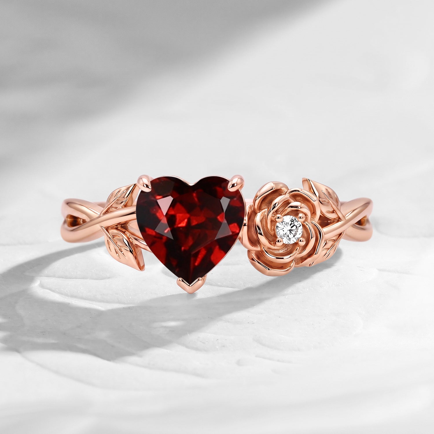 'Toi et Moi' - Nature Inspired Heart Cut Garnet Romantic Rose Flower Engagement Ring with Twisted Vine Band