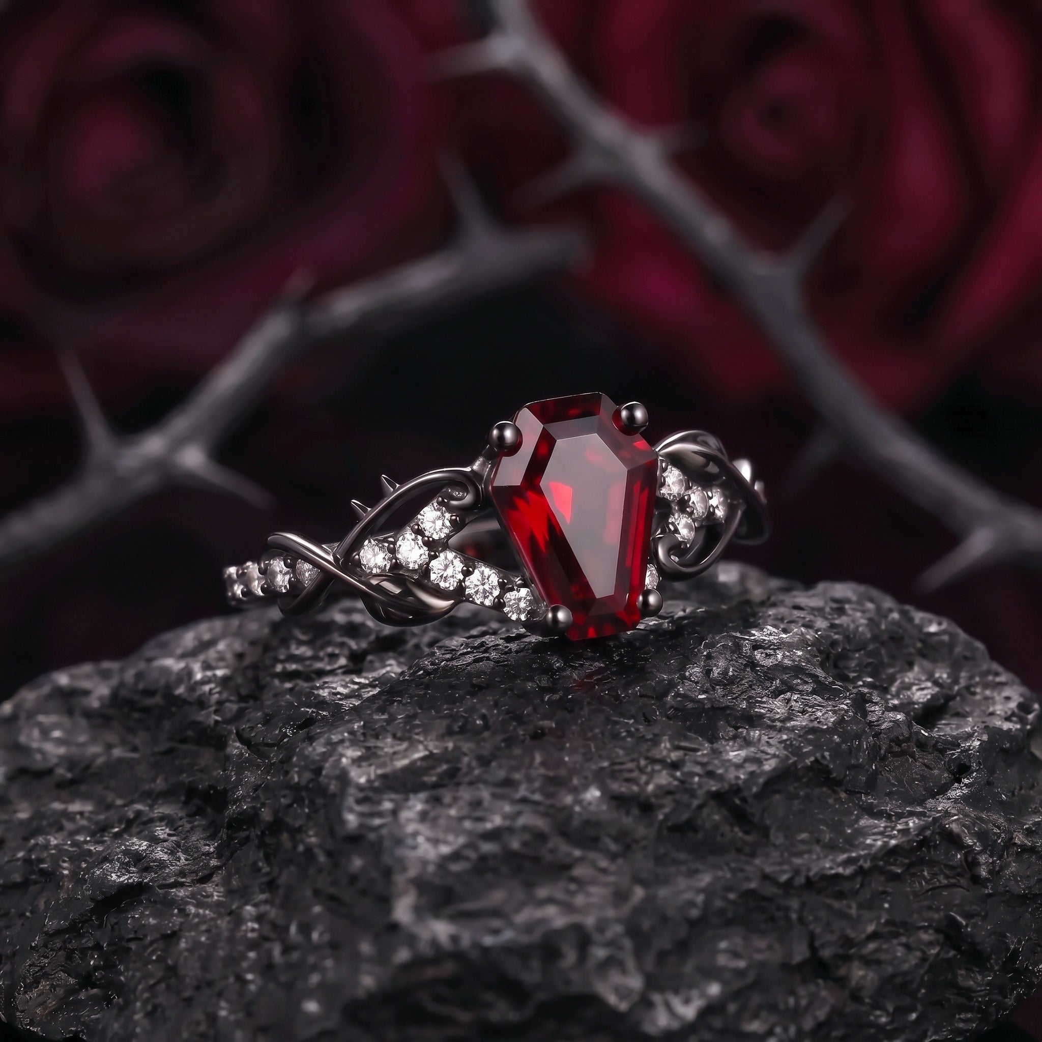 Thorns & Roses - Gothic Coffin Cut Red Garnet Engagement Ring with Twisted Thorn-inspired Band