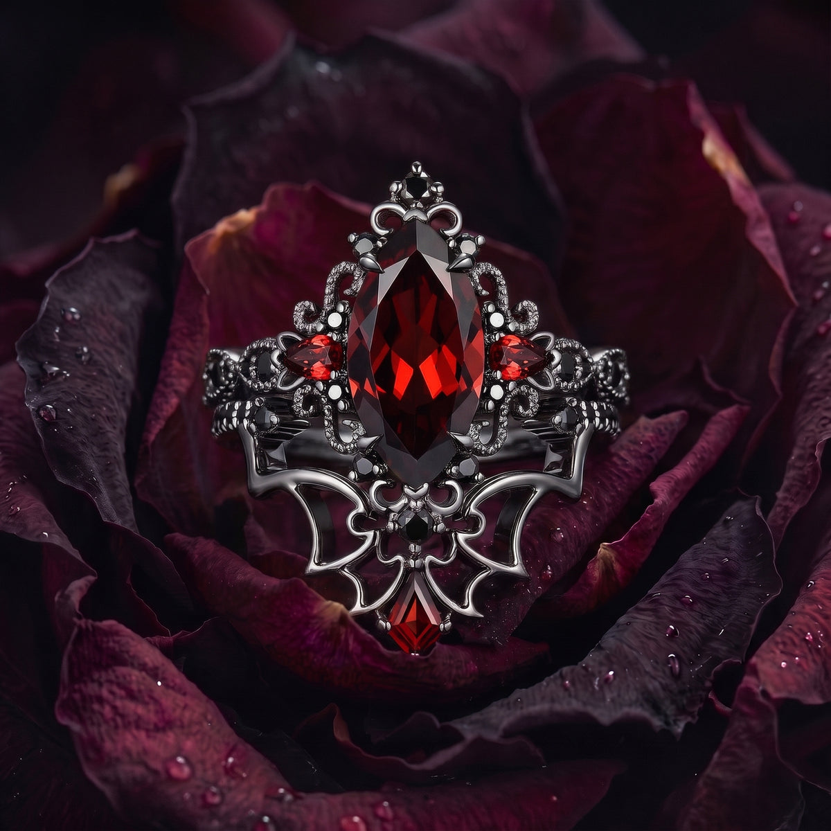 Bat Ring - Gothic Marquise Cut Red Garnet Engagement Ring Set with Bat Wing Inspired Band