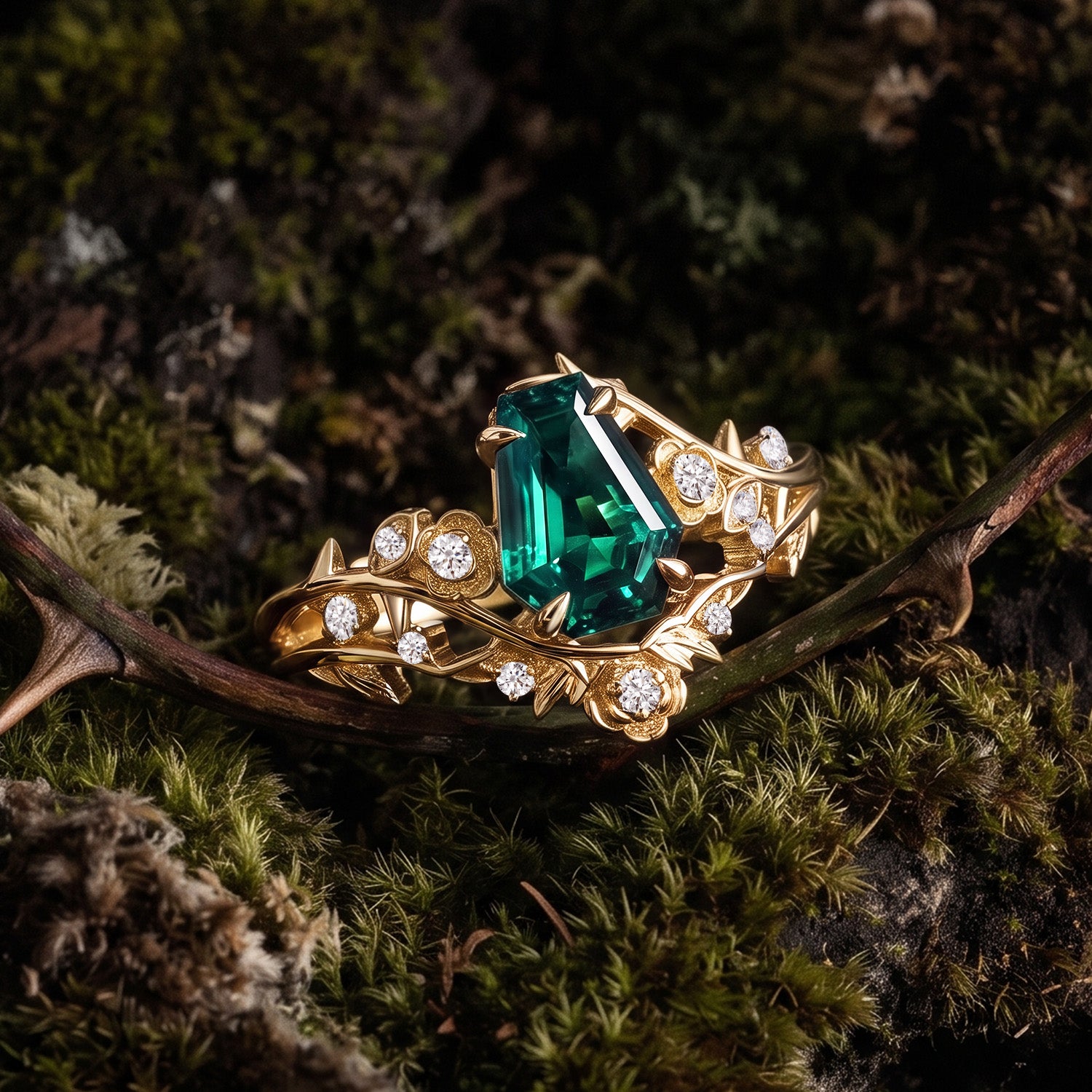 'The Fine Print' - Nature Inspired Coffin Cut Lab Emerald Thorns & Roses Bridal Set with Twisted Vine Band
