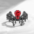 Lab Ruby Coffin Cut Vintage Inspired Black Gold Engagement Ring - Bat Ring