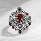 Unique Coffin Garnet Gothic Rose Flower Engagement Ring Set 3pcs