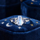 'Blossom Moon' - Art Deco Coffin Natural Moonstone Crescent Moon Engagement Ring with Natural Sapphire Accents