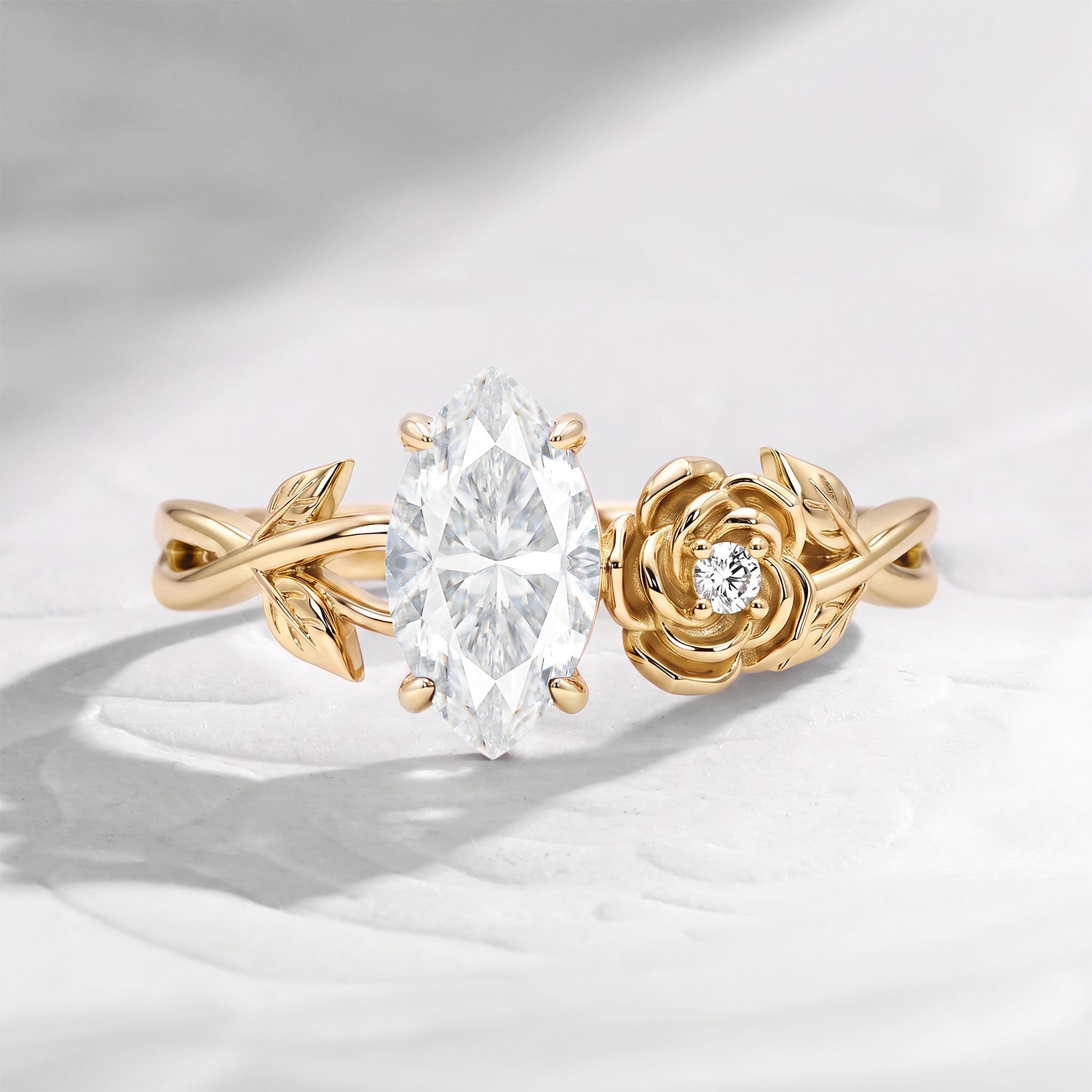 'Toi et Moi' - Nature Inspired Marquise Cut Moissanite Romantic Rose Flower Engagement Ring with Twisted Vine Band