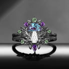 Tree of Life – Nature Inspired Mushroom Half Moon Alexandrite & Coffin Moissanite Engagement Ring Set with Bark Textured Band