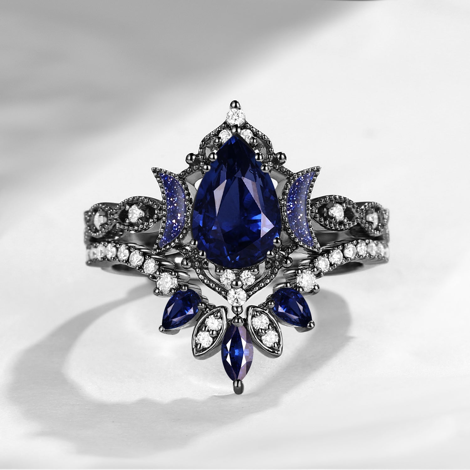 Crescent Moon | Blue Moon Inspired Pear Natural Sapphire 'Ultra Galaxy' Engagement Ring Set 2pcs