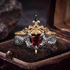 Heart & Sword - Gothic Heart Cut Red Garnet Infinity Bridal Set with Twisted Dragon-inspired Band