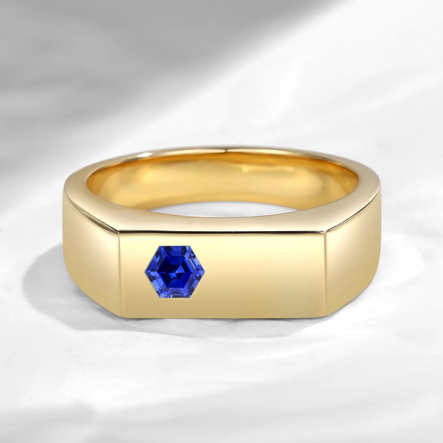 Unique Hexagon Lab Sapphire Wedding Band For Men