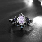 Nature Inspired Firework Cut Pear Lab Lavender Sapphire Halo Engagement Ring Set 2pcs - 'Thorns & Roses'