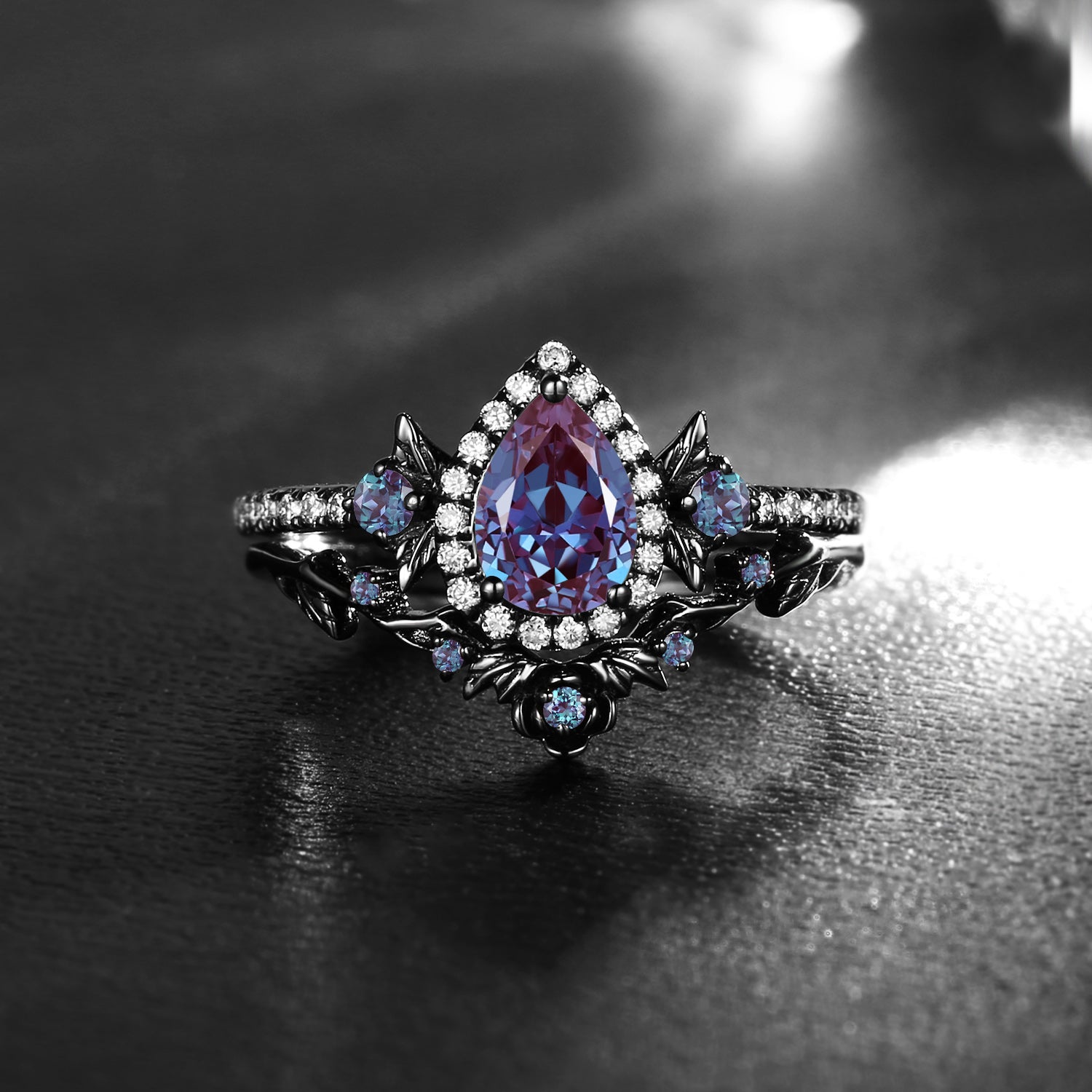 Thorns & Roses - Nature Inspired Pear Color-Changing Lab Alexandrite Engagement Ring Set in Halo Setting