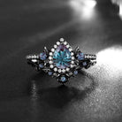 Nature Inspired Firework Cut Pear Shaped Lab Alexandrite 'Thorns & Roses' Gothic Halo Engagement Ring Set 2pcs