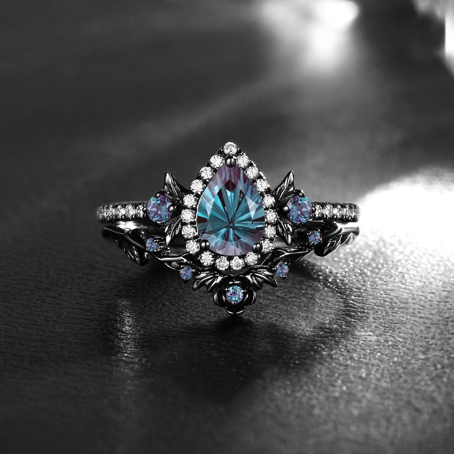 Nature Inspired Firework Cut Pear Shaped Lab Alexandrite 'Thorns & Roses' Gothic Halo Engagement Ring Set 2pcs