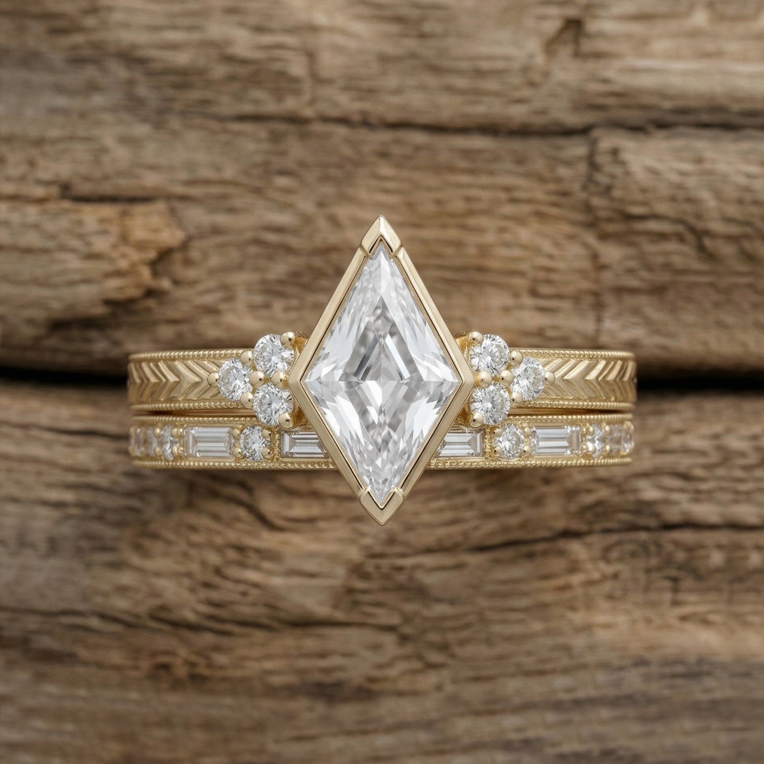 Vintage Art Deco Bezel Kite Moissanite & Lab Diamond Milgrain Cluster Engagement Ring Set 2pcs