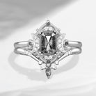 Crescent Moon | Emerald Cut Salt And Pepper Diamond Engagement Ring Set 2pcs