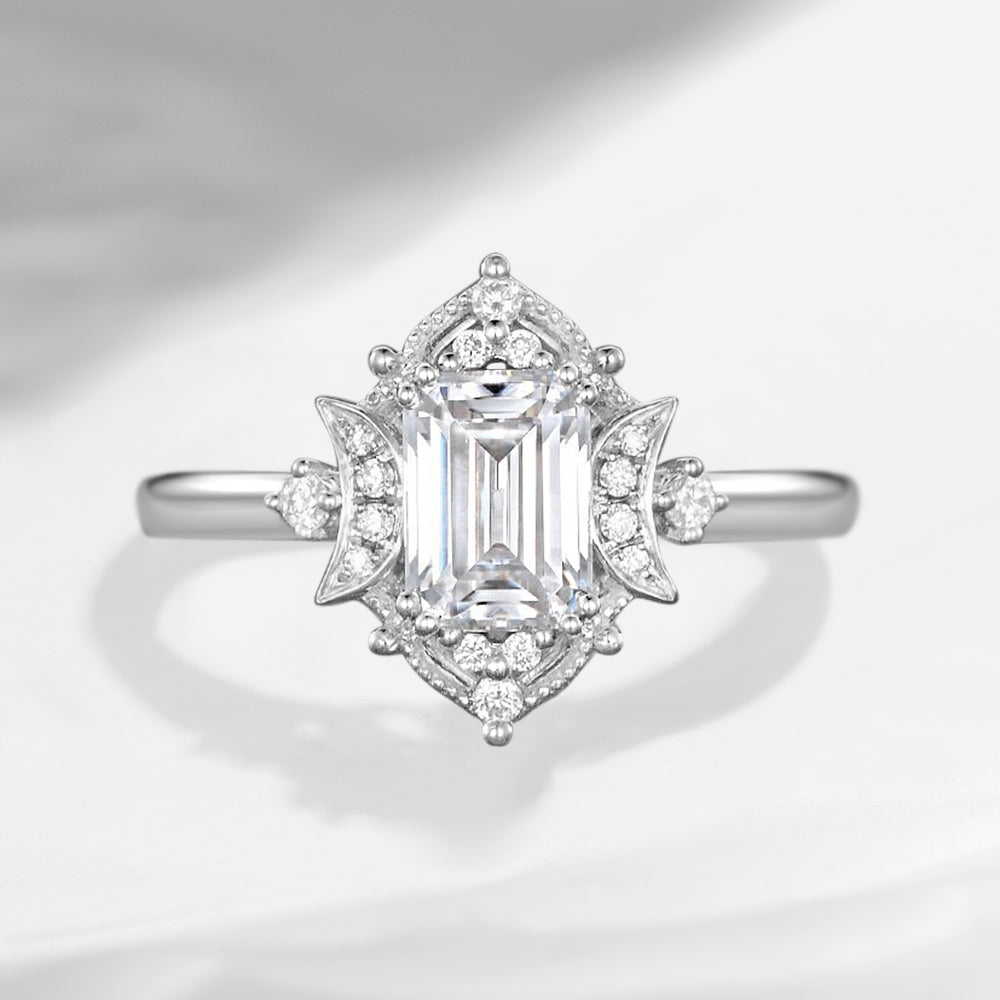 Crescent moon | Vintage Style  Emerald Cut Moissanite Engagement Ring