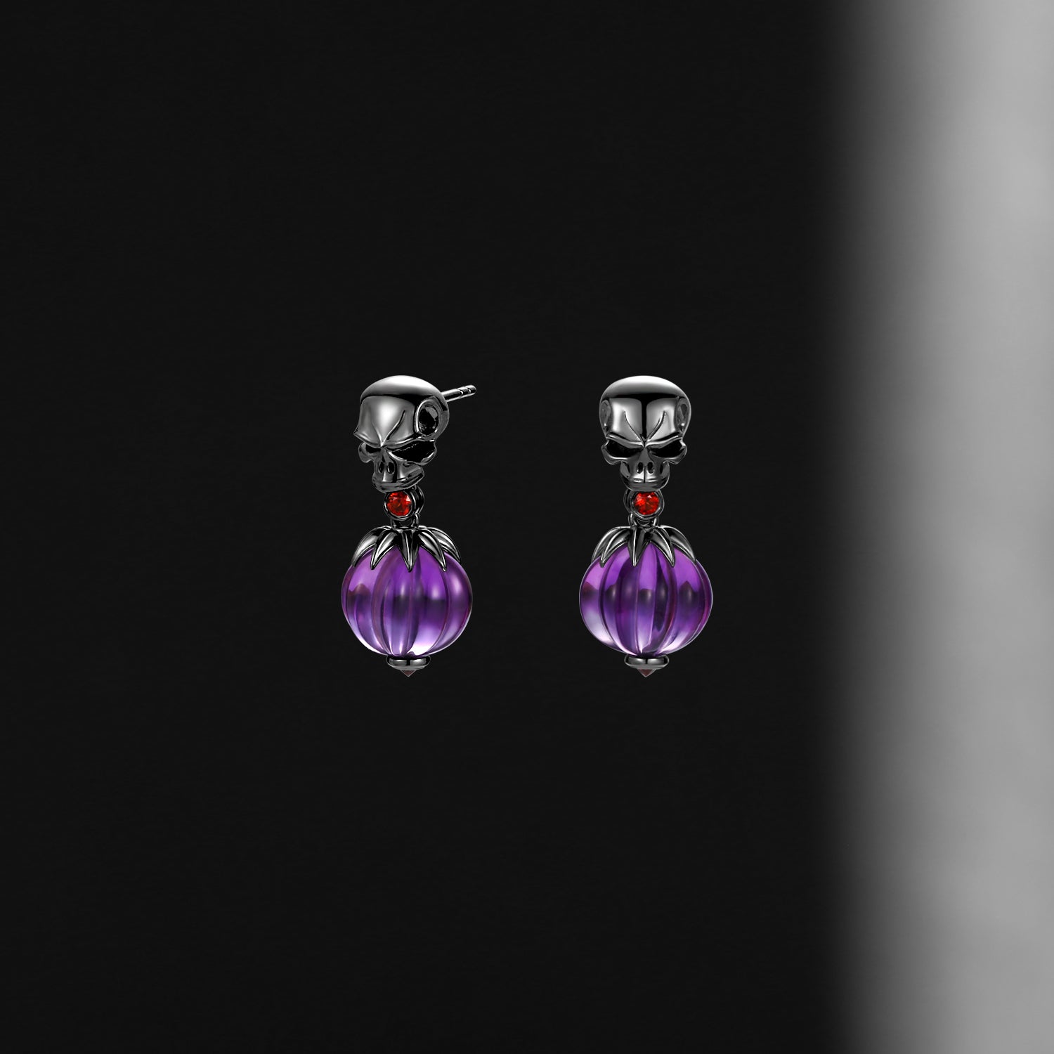 Amethyst Gemstone Jewelry Gothic Skull & Pumpkin Shaped Halloween Stud Earrings
