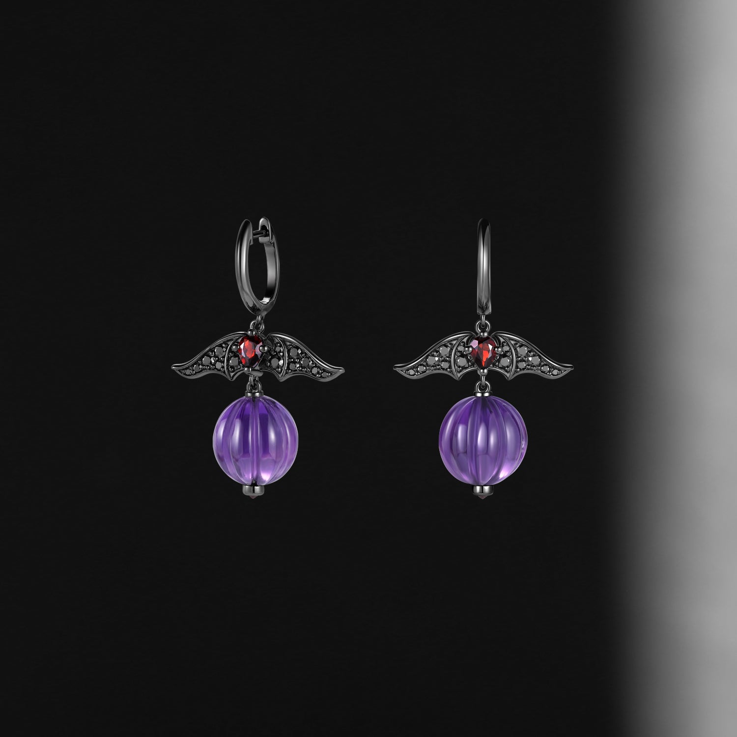Amethyst Gothic Bat & Pumpkin Shaped Halloween Stud Earrings