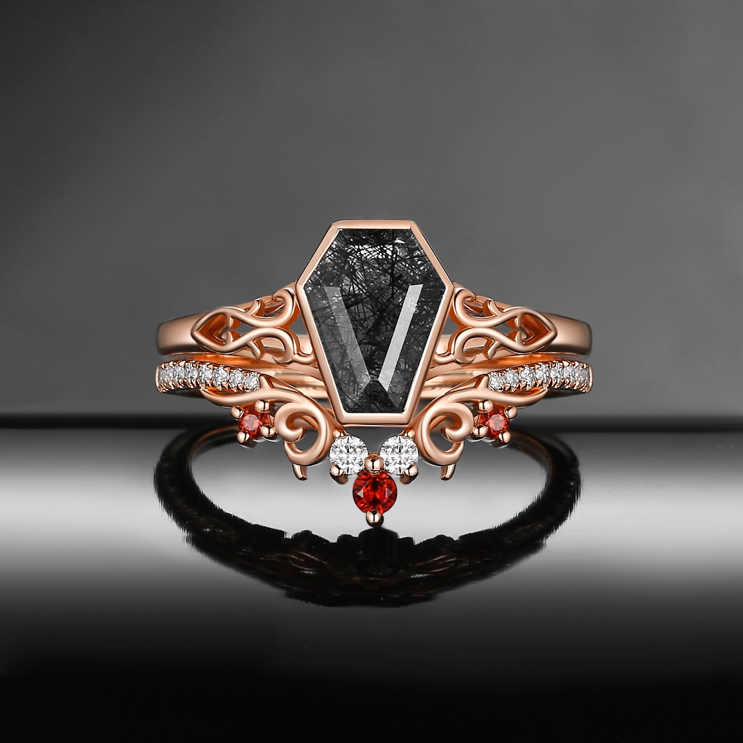 Antique Art Deco Coffin Cut Black Rutilated Quartz 'Thorns & Roses' Engagement Ring Set 2pcs