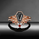 Antique Art Deco Coffin Cut Black Rutilated Quartz 'Thorns & Roses' Engagement Ring Set 2pcs