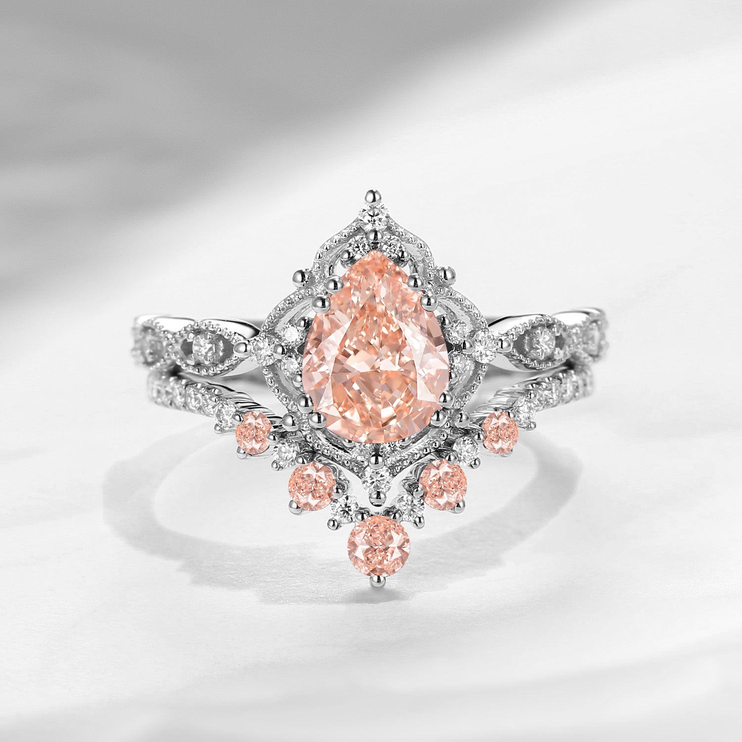 Antique Pear Cut Pink Lab Diamond Engagement Ring 2pcs